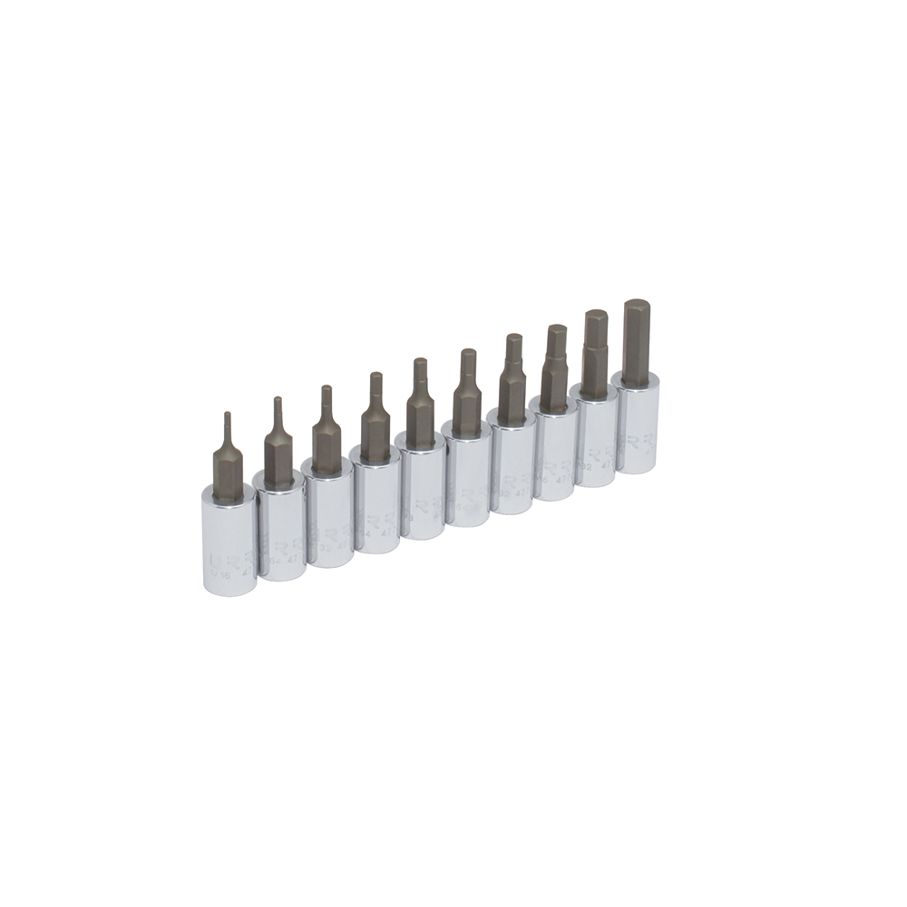Juego de 10 dados con punta hexagonal en pulgadas cuadro de 1/4", 6 puntas, en riel, Urrea
