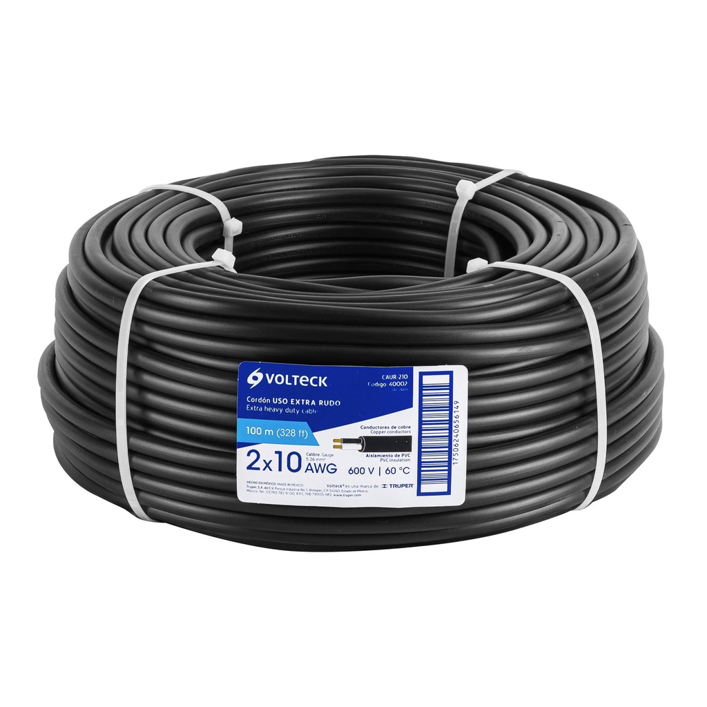 40002 / Metro de cable uso extra rudo 2 x 10 AWG en rollo de 100 m, Volteck