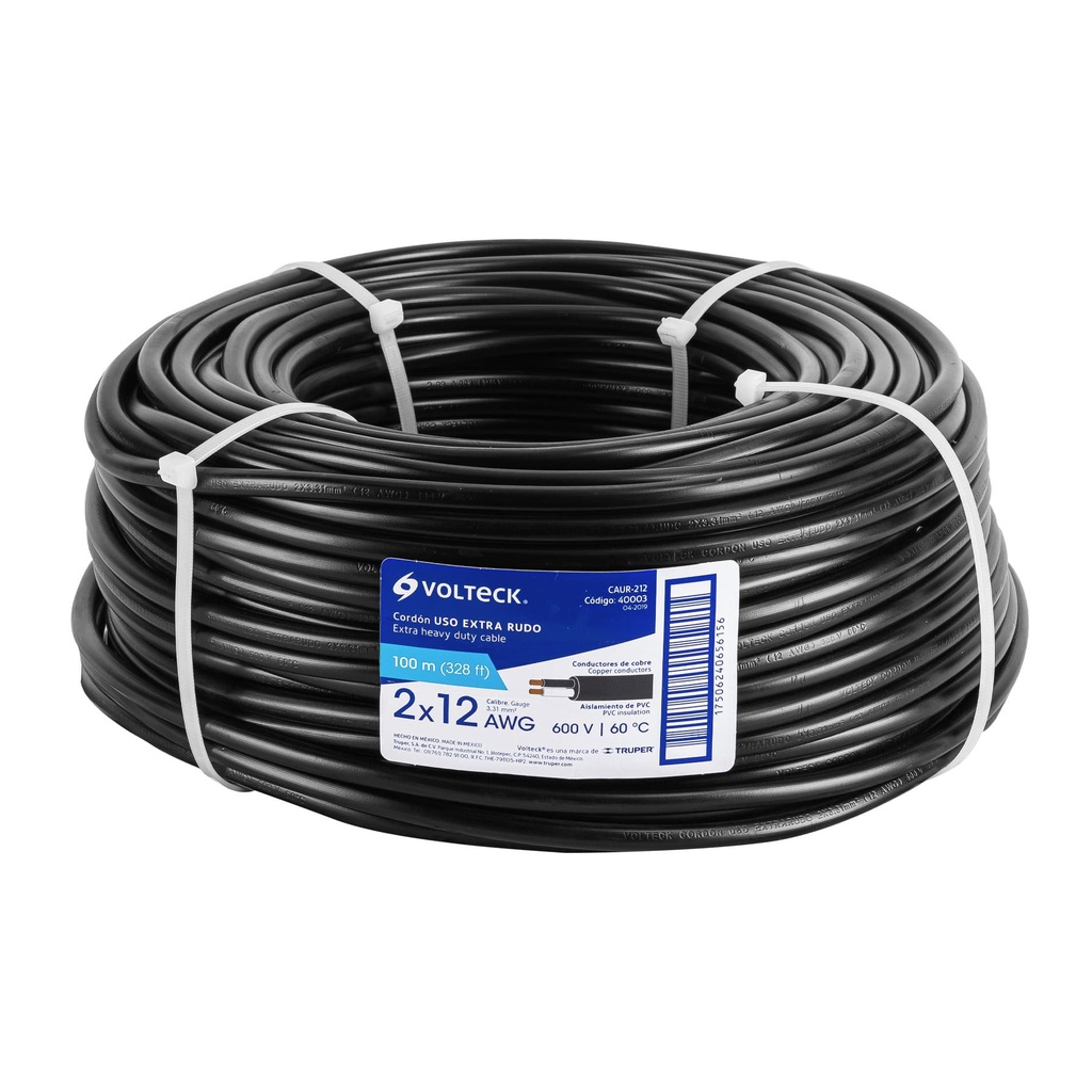 40003 / Metro de cable uso extra rudo 2 x 12 AWG en rollo de 100 m, Volteck