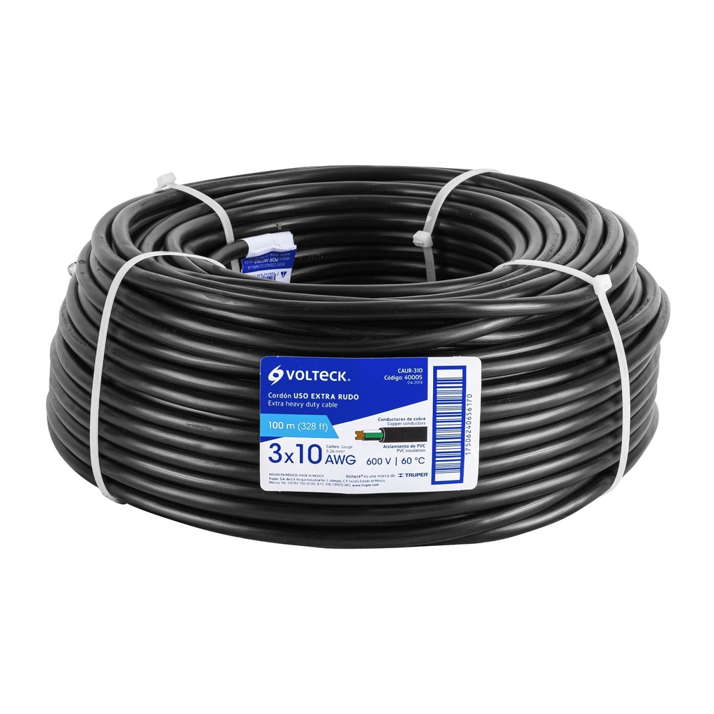 40005 / Metro de cable uso extra rudo 3 x 10 AWG en rollo de 100 m, Volteck