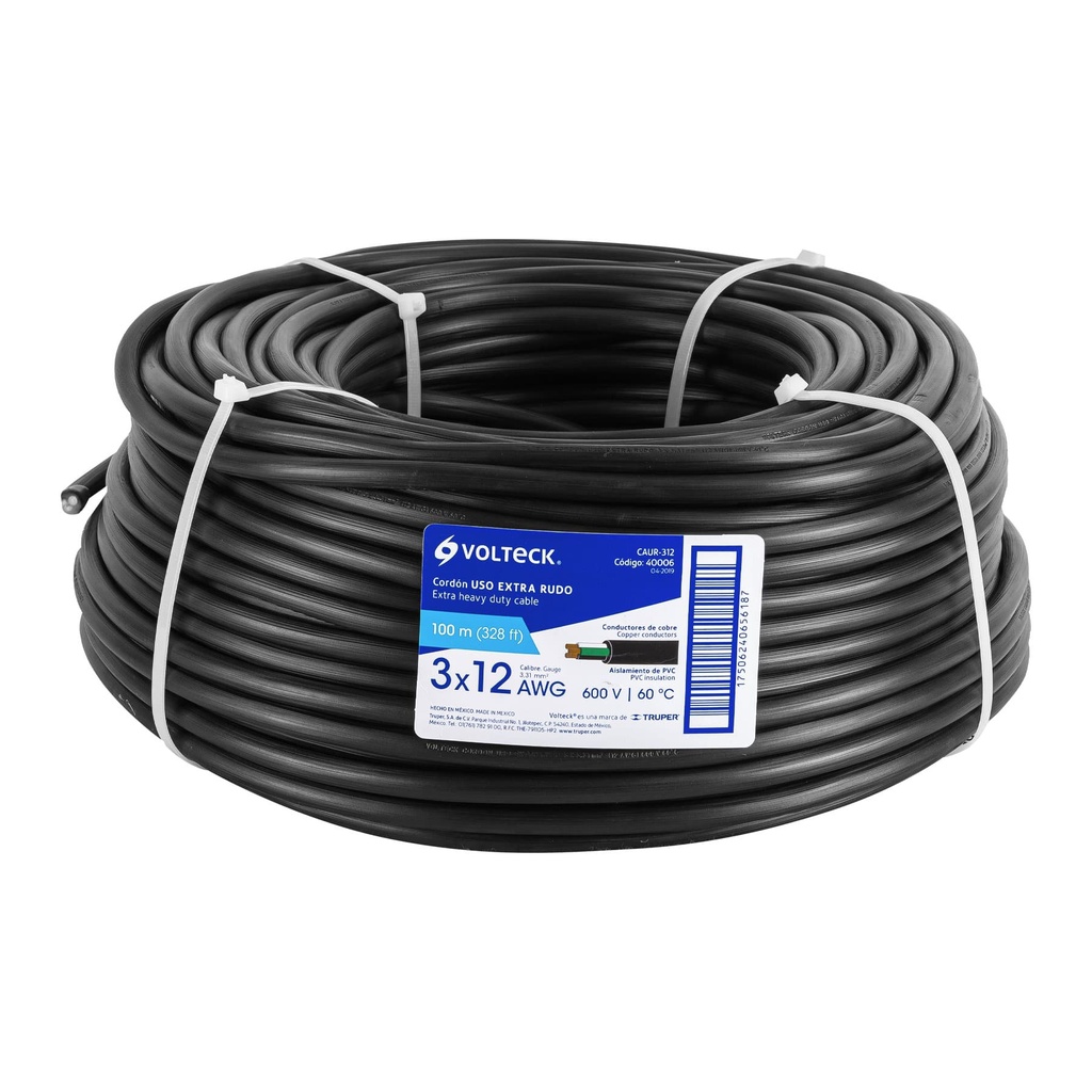 40006 / Metro de cable uso extra rudo 3 x 12 AWG en rollo de 100 m, Volteck