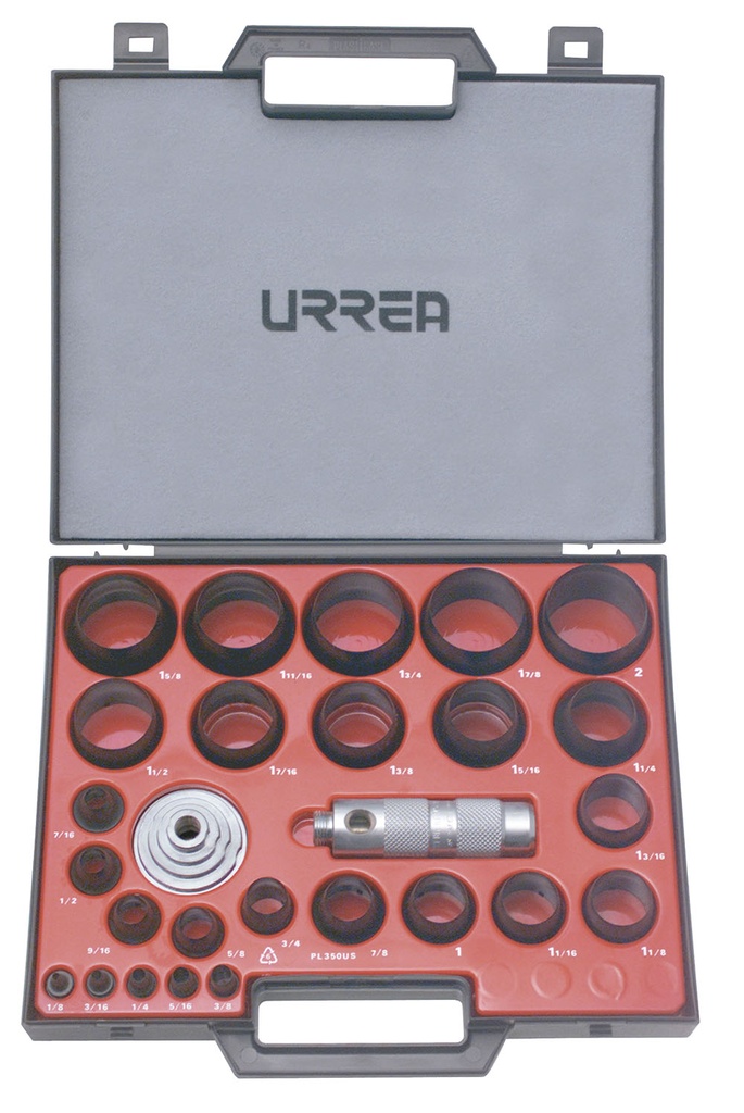Juego de sacabocados con mango adaptador ergonónico de 1/8" a 2", 27 piezas, Urrea