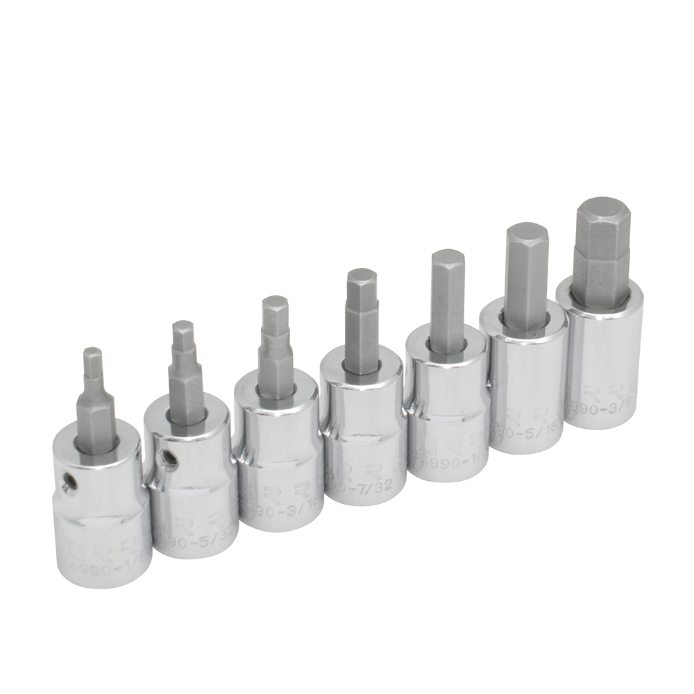 Juego de 7 dados con punta hexagonal en pulgadas cuadro de 3/8", 6 puntas, en riel, Urrea