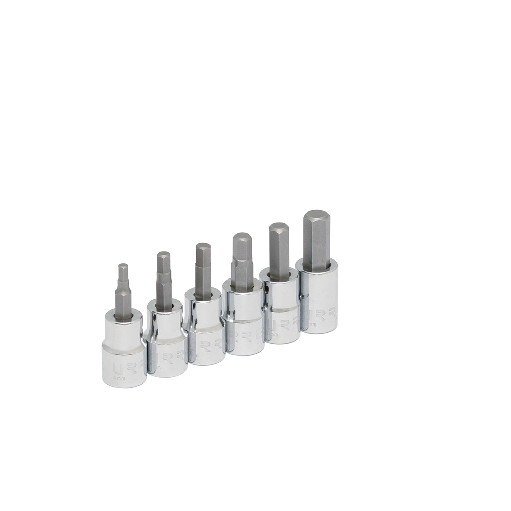 Juego de 6 dados con punta hexagonal métricos cuadro de 3/8", 6 puntas, en riel, Urrea