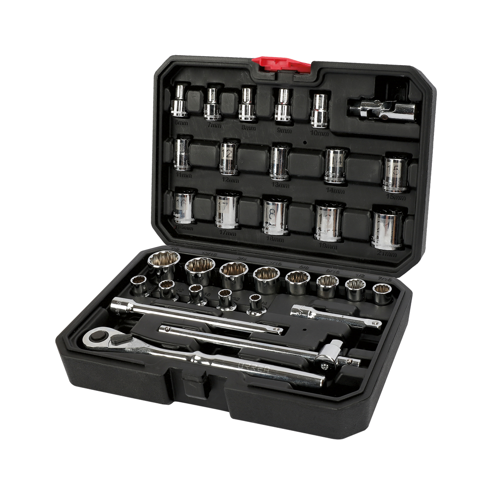 Juego de dados y accesorios cuadro de 3/8" combinado, 33 piezas, Urrea