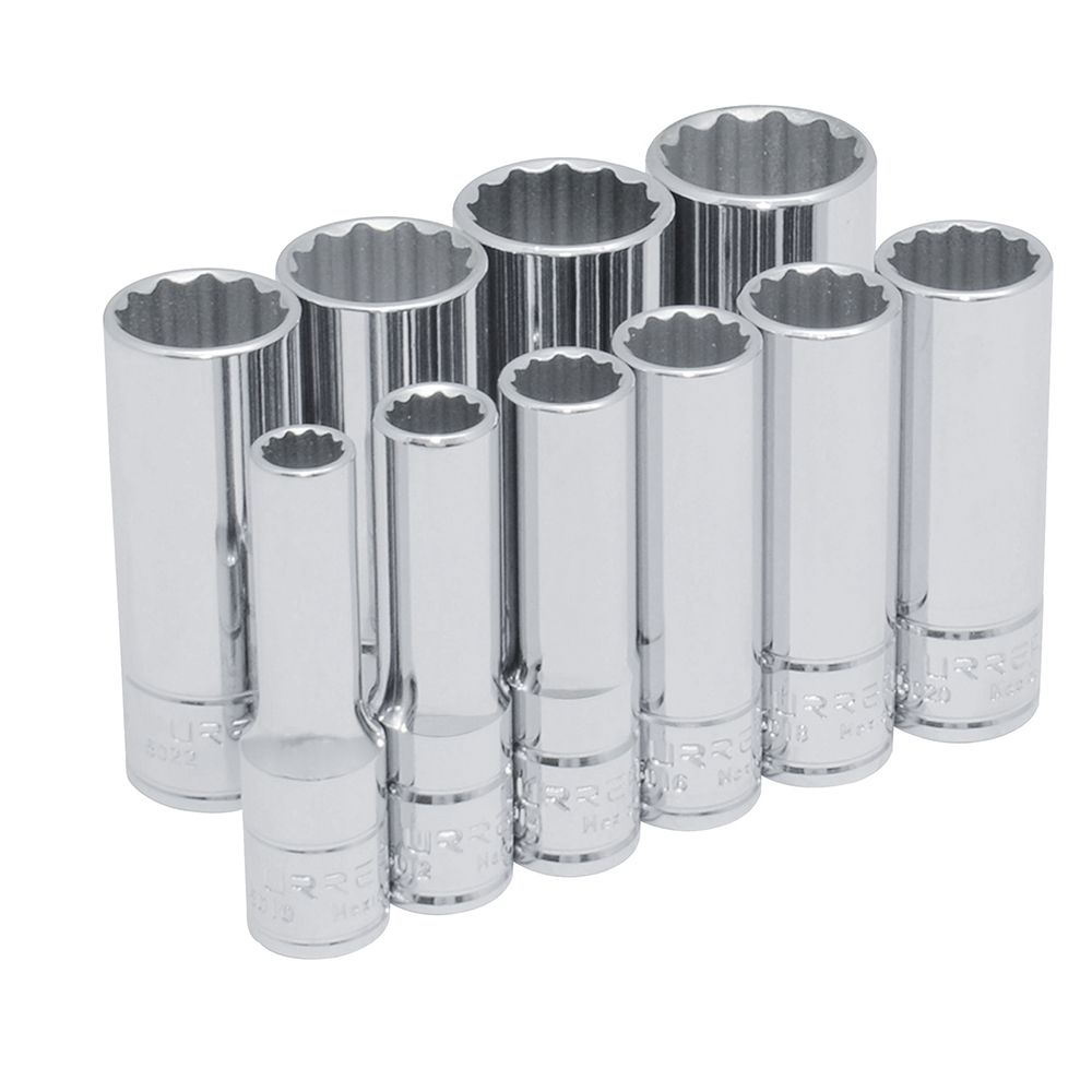 Juego de 10 dados largos en pulgadas cuadro de 3/8", 12 puntas, en riel, Urrea