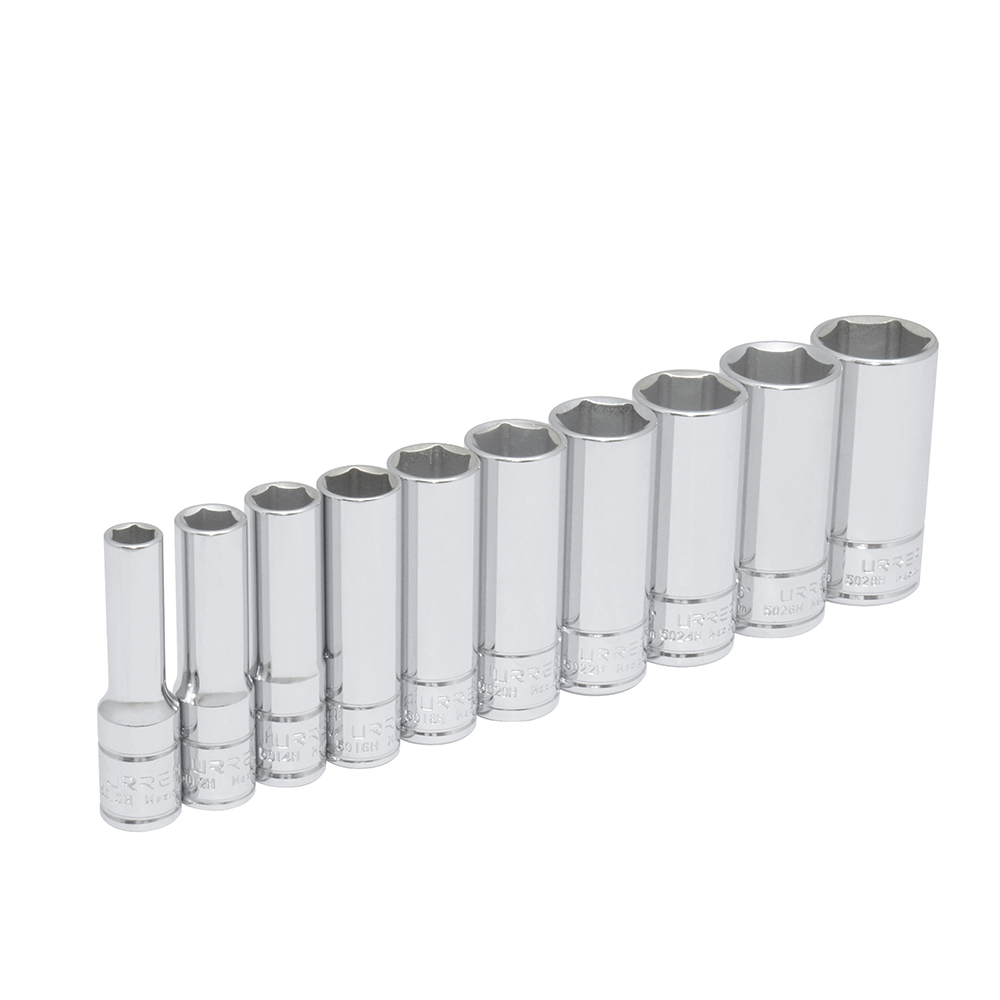 Juego de 10 dados largos en pulgadas cuadro de 3/8", 6 puntas, en riel, Urrea