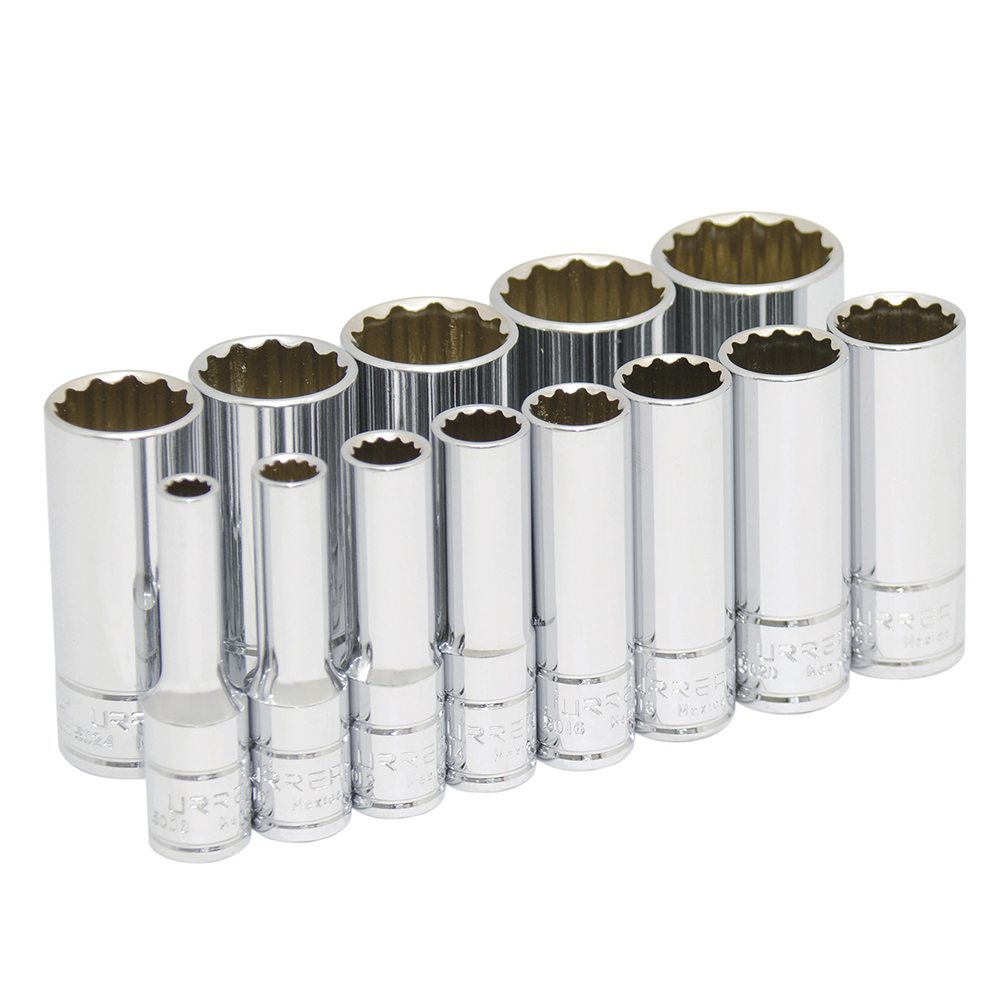 Juego de 13 dados largos en pulgadas cuadro de 3/8", 12 puntas, en riel, Urrea