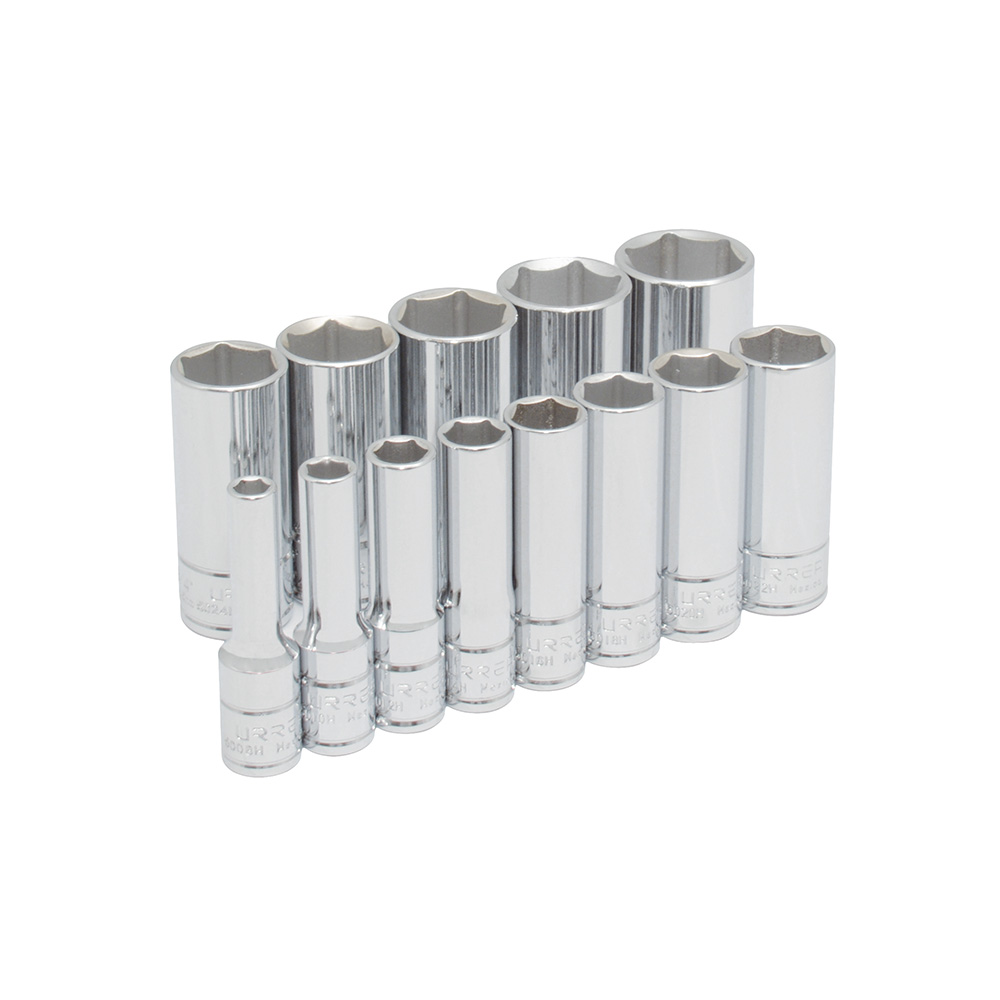 Juego de 13 dados largos en pulgadas cuadro de 3/8", 6 puntas, en riel, Urrea