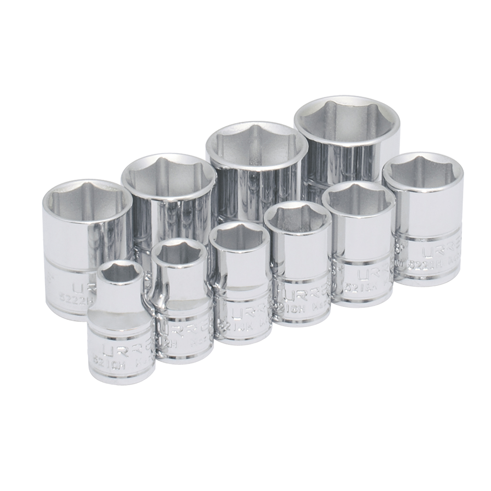 Juego de 10 dados en pulgadas cuadro de 3/8", 6 puntas, en riel, Urrea