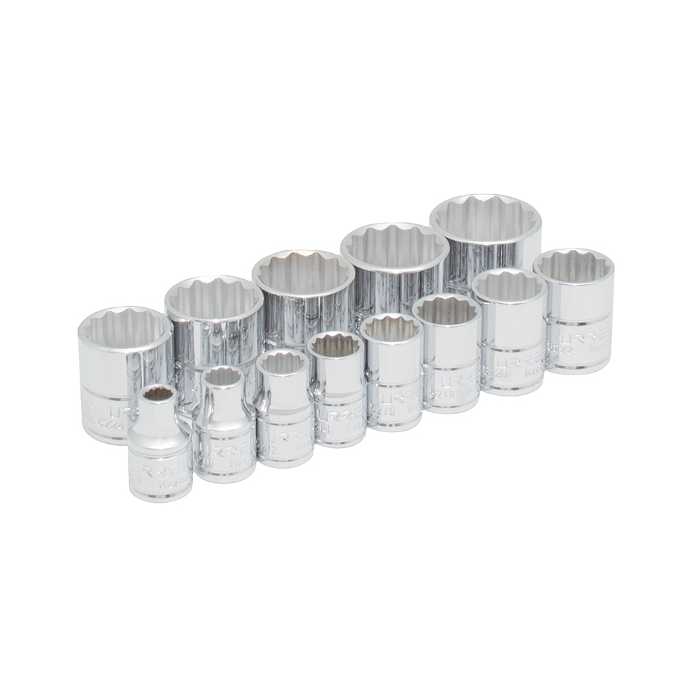 Juego de 13 dados en pulgadas cuadro de 3/8", 12 puntas, en riel, Urrea