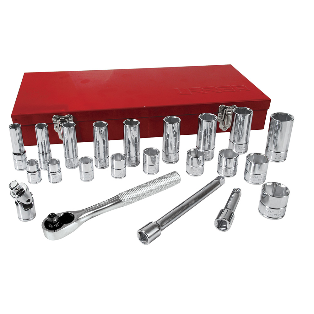 Juego de dados y accesorios cuadro de 3/8" en pulgadas, 23 piezas, Urrea