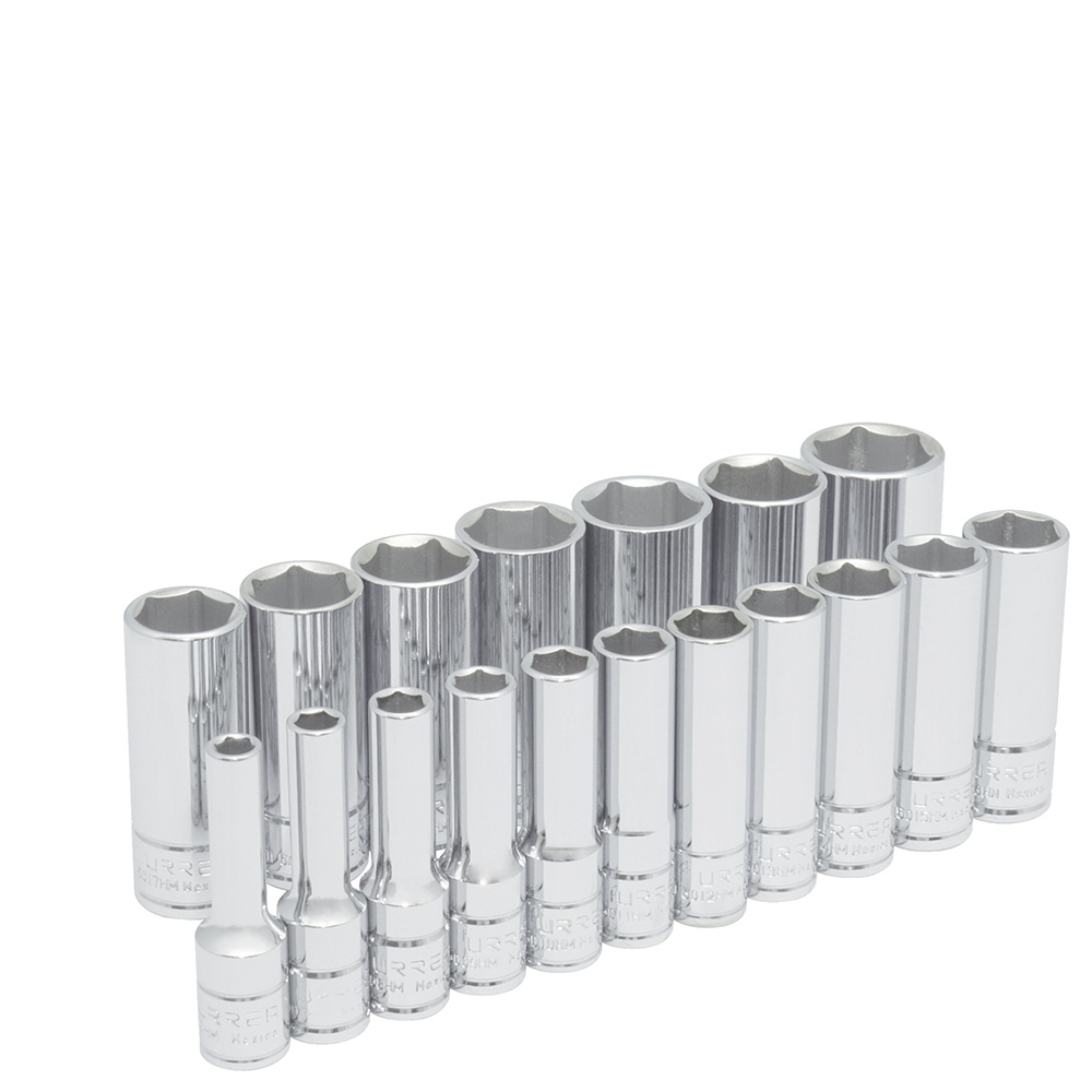 Juego de 18 dados largos métricos cuadro de 3/8", 6 puntas, Urrea