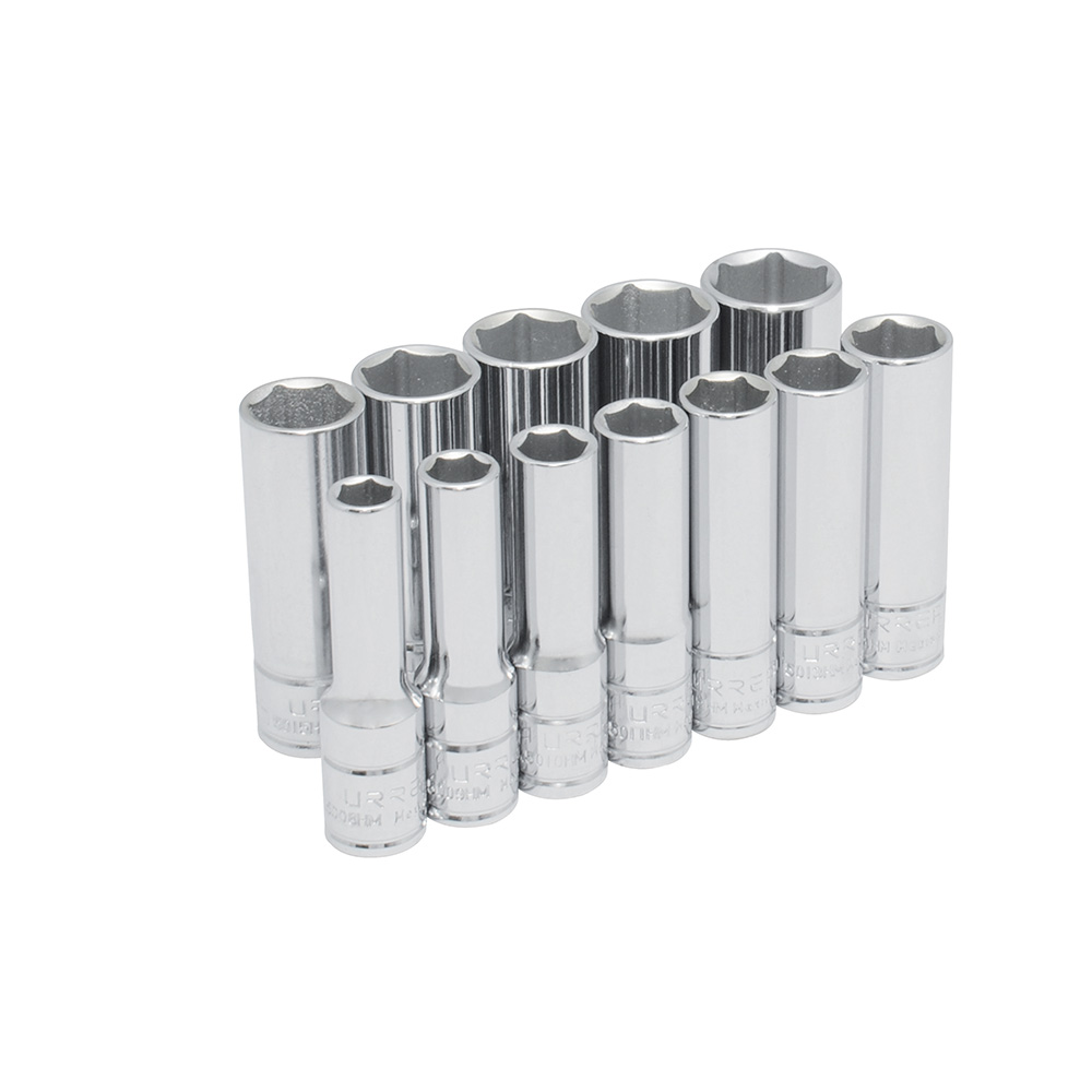 Juego de 12 dados largos métricos cuadro de 3/8", 6 puntas, en riel, Urrea