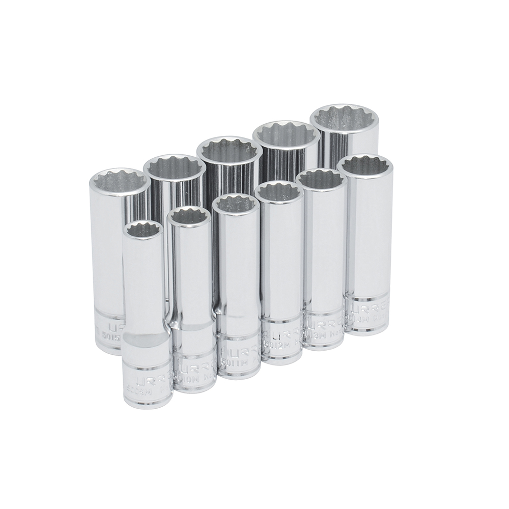 Juego de 11 dados largos métricos cuadro de 3/8", 12 puntas, en riel, Urrea
