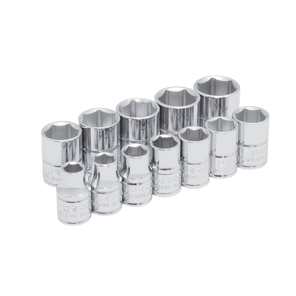 Juego de 12 dados métricos cuadro de 3/8", 6 puntas, en riel, Urrea