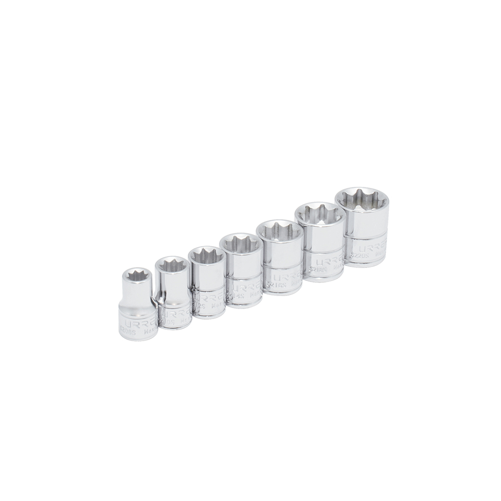 Juego de 7 dados en pulgadas cuadro de 3/8", 8 puntas, en riel, Urrea