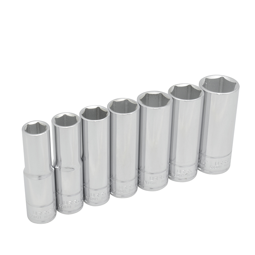 Juego de 7 dados largos en pulgadas cuadro de 1/2", 6 puntas, en riel, Urrea