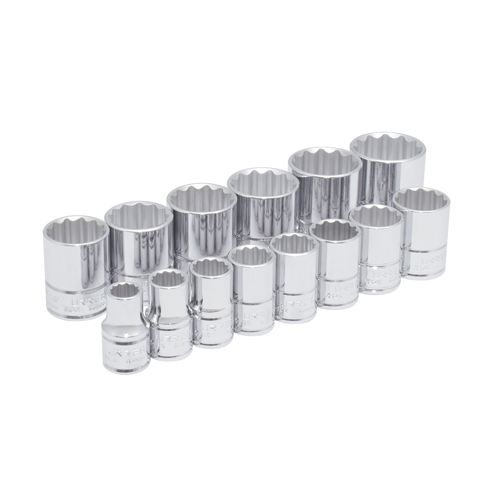 Juego de 14 dados en pulgadas cuadro de 1/2", 12 puntas, en riel, Urrea
