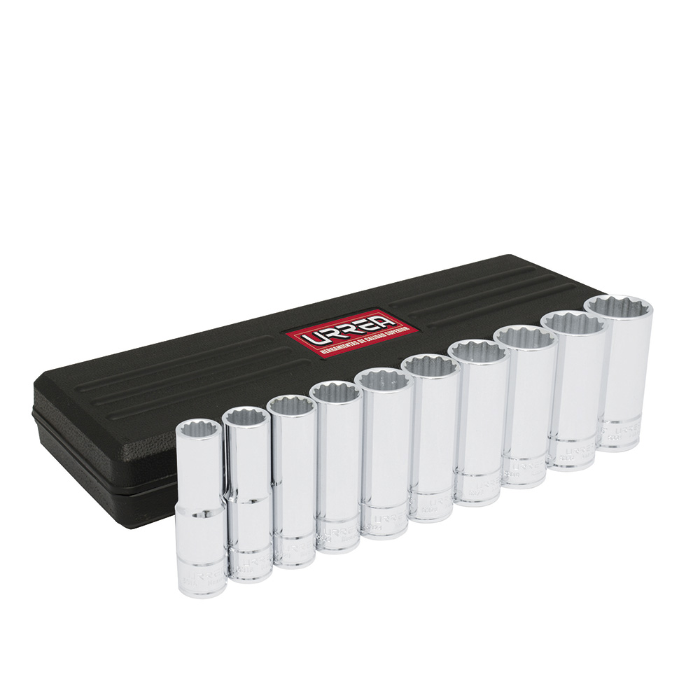 Juego de 10 dados largos en pulgadas cuadro de 1/2", 12 puntas, Urrea