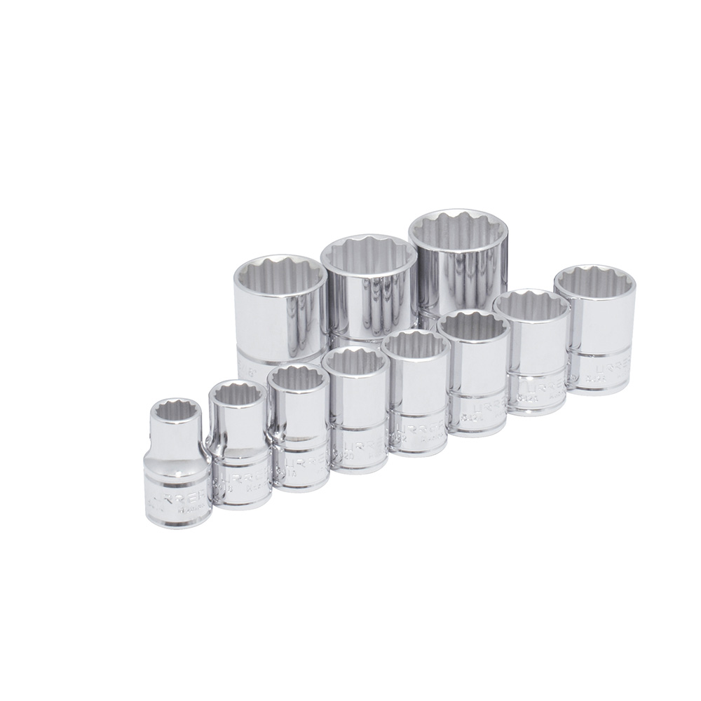Juego de 11 dados en pulgadas cuadro de 1/2", 12 puntas, en riel, Urrea