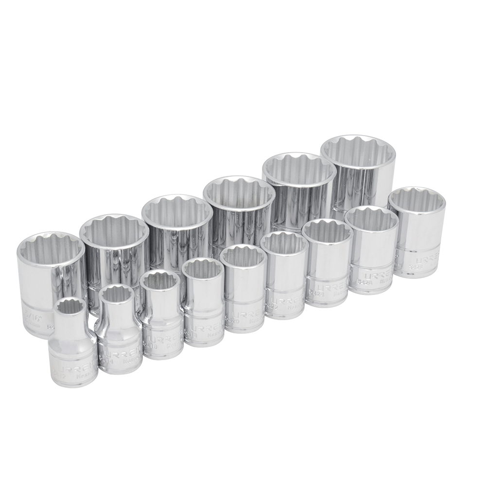 Juego de 15 dados en pulgadas cuadro de 1/2", 12 puntas, Urrea