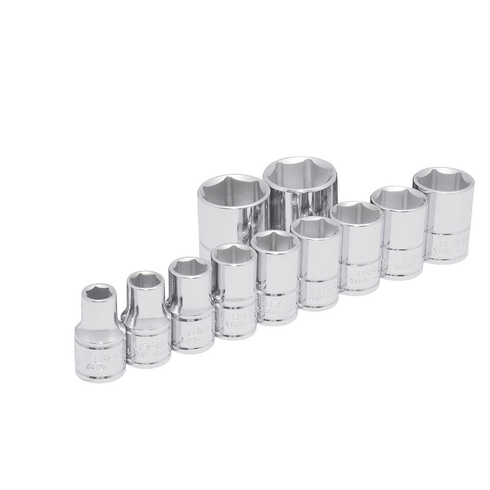 Juego de 11 dados en pulgadas cuadro de 1/2", 6 puntas, en riel, Urrea