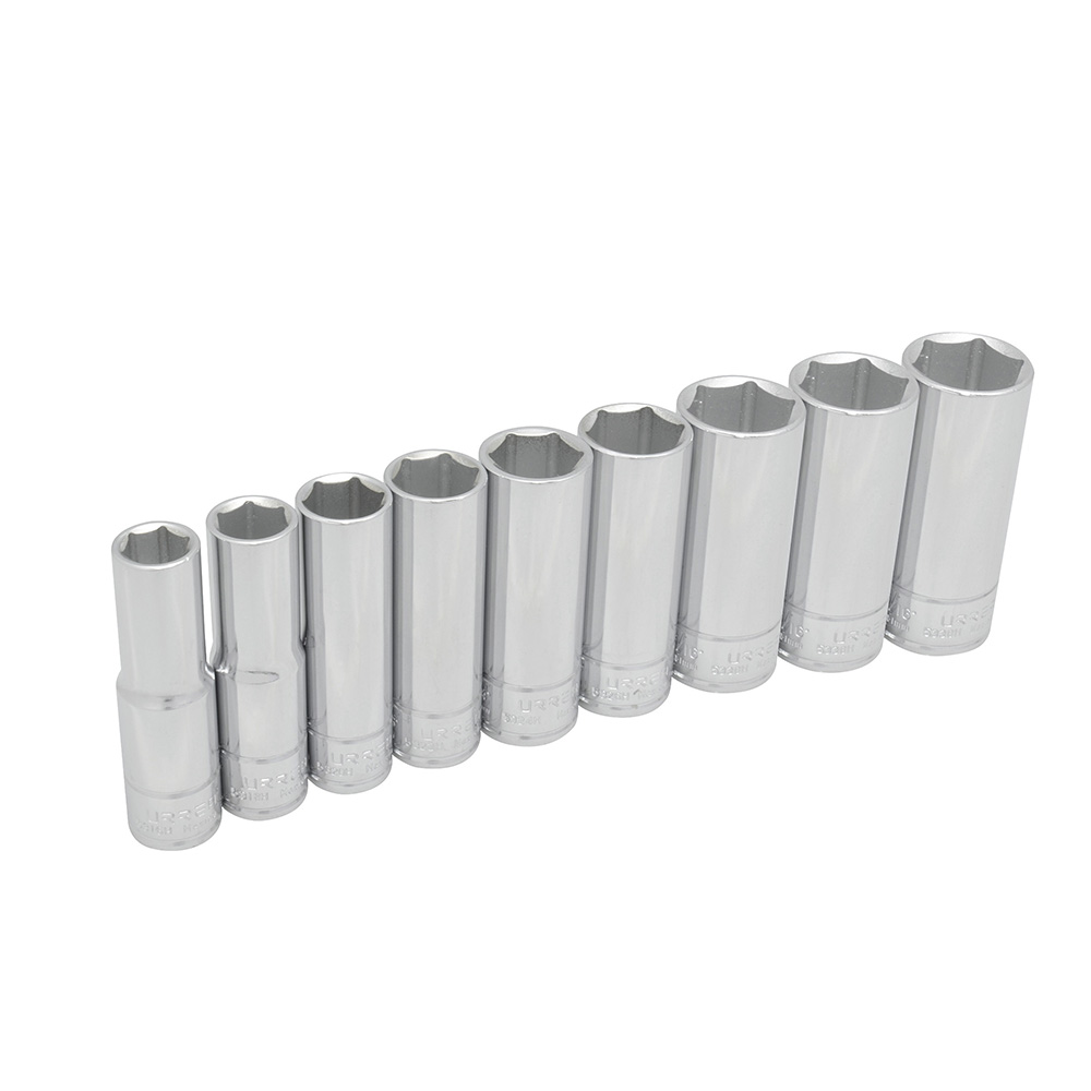 Juego de 9 dados largos en pulgadas cuadro de 1/2", 6 puntas, en riel, Urrea