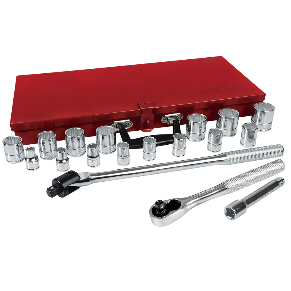 Juego de dados y accesorios cuadro de 1/2" en pulgadas, 19 piezas, Urrea