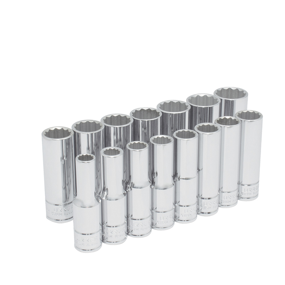 Juego de 15 dados largos métricos cuadro de 1/2", 12 puntas, Urrea