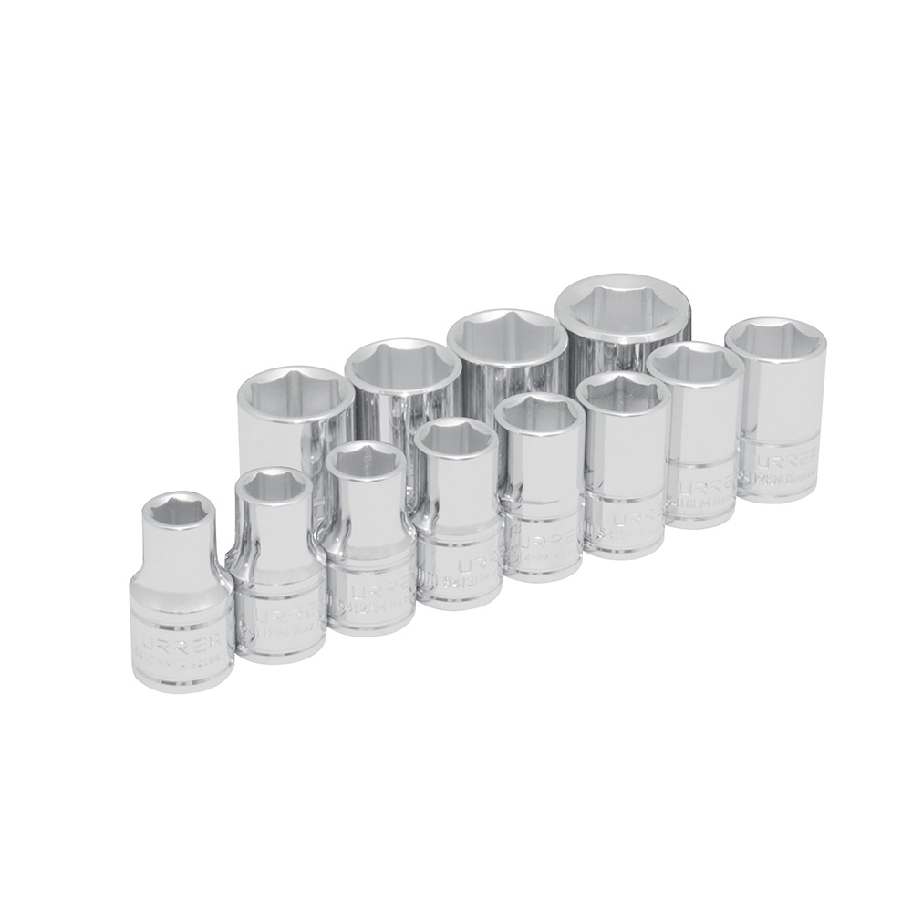 Juego de 12 dados métricos cuadro de 1/2", 6 puntas, en riel, Urrea