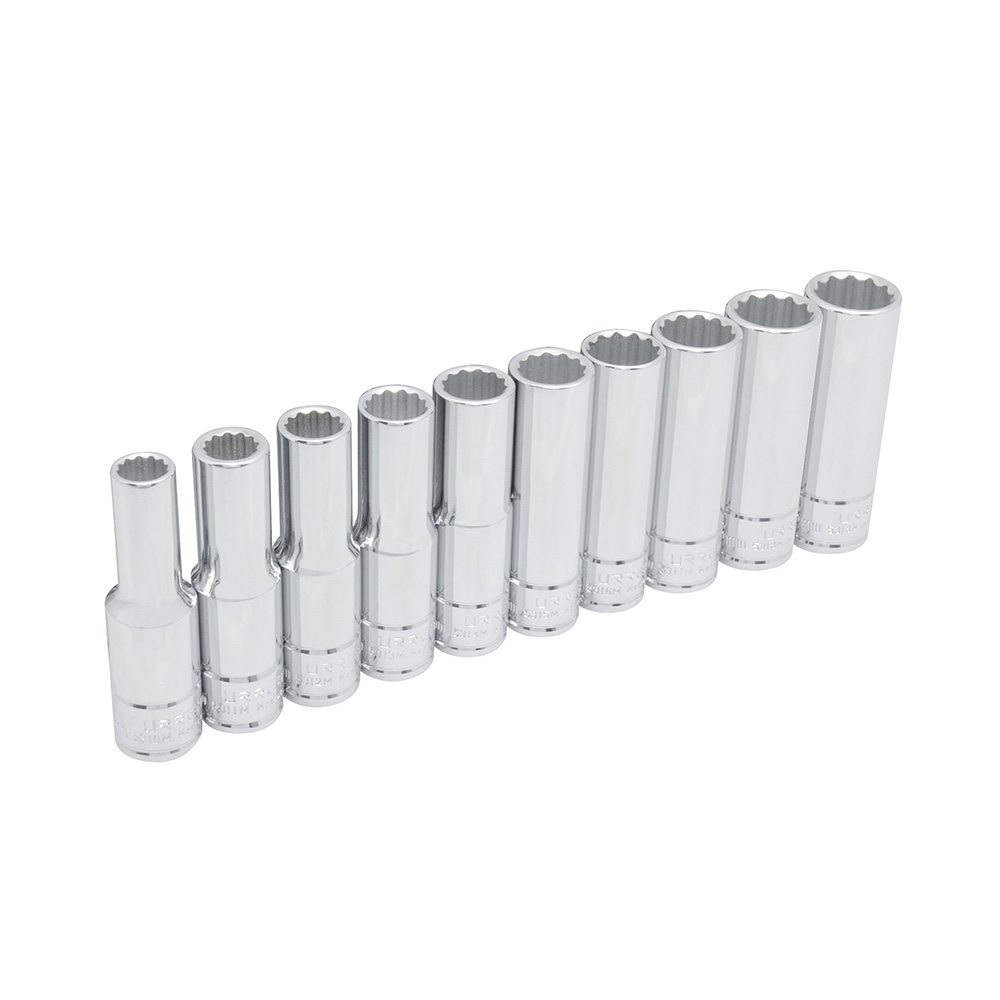 Juego de 10 dados largos métricos cuadro de 1/2", 12 puntas, en riel, Urrea