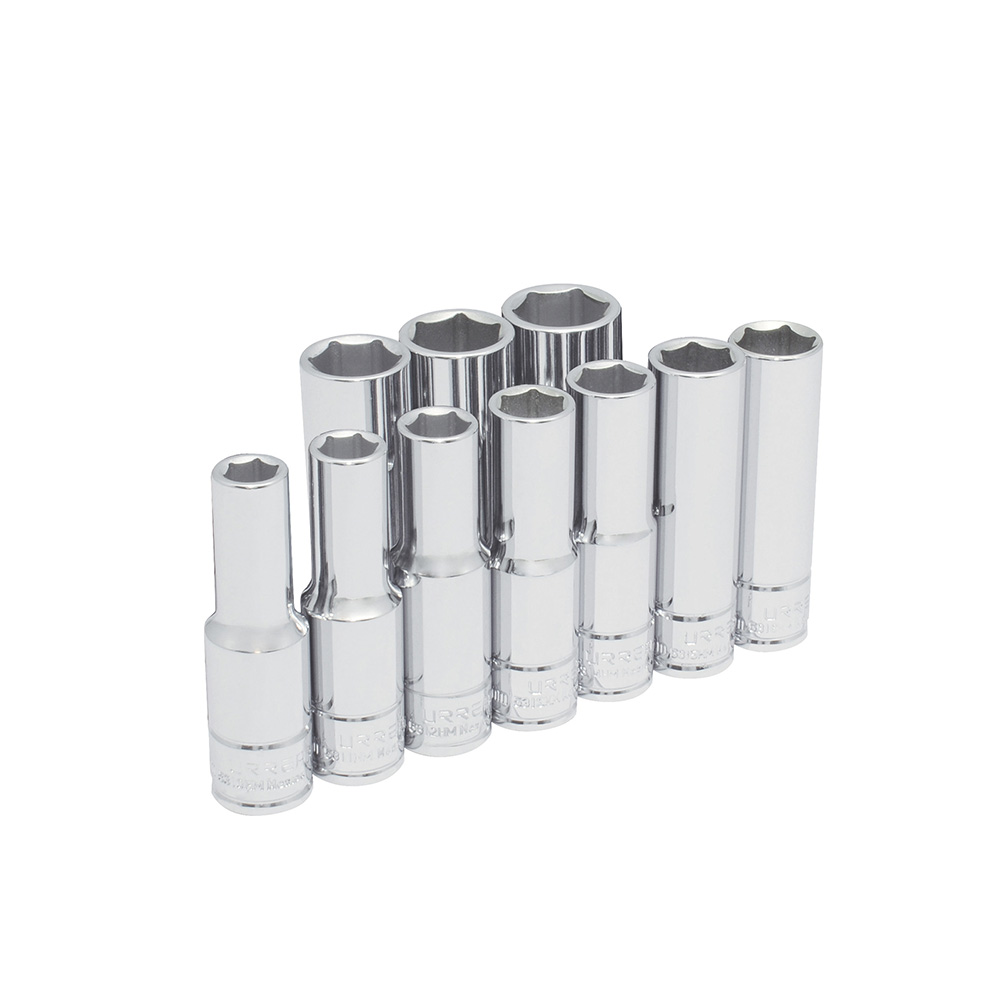 Juego de 10 dados largos métricos cuadro de 1/2", 6 puntas, en riel, Urrea