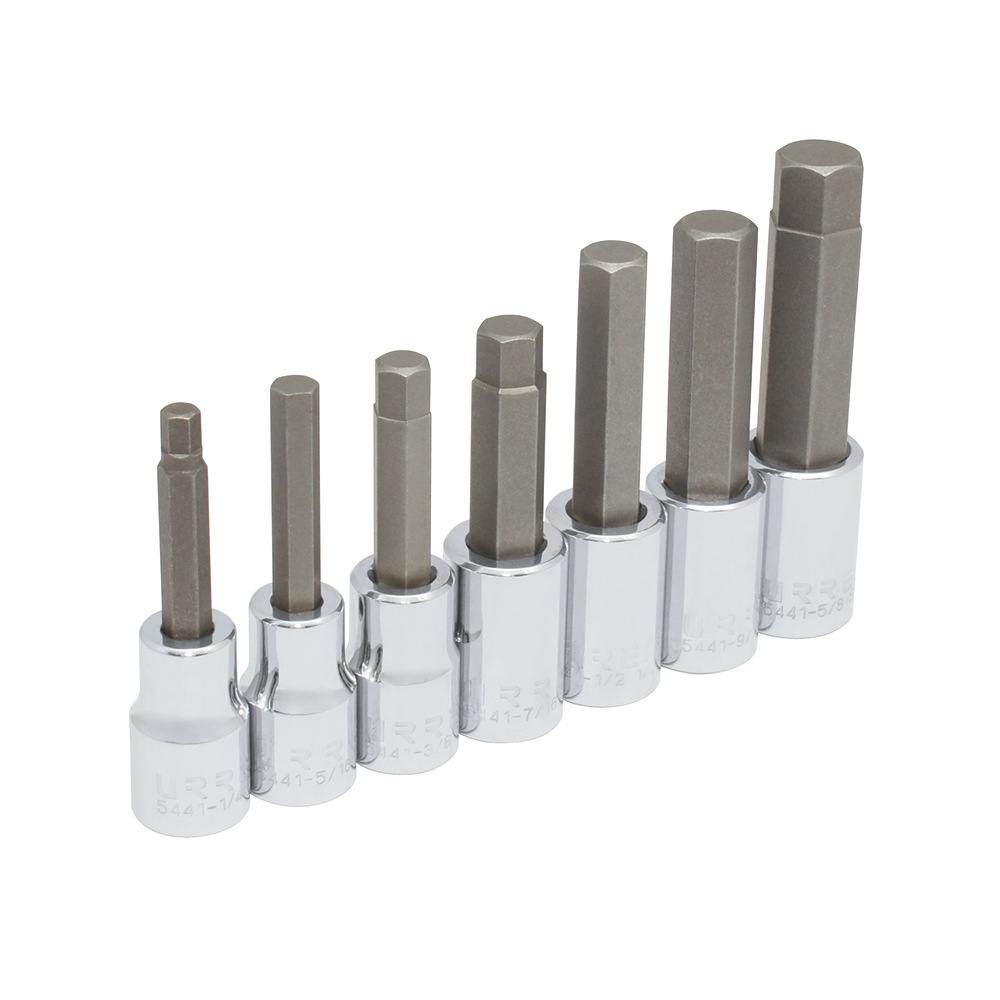 Juego de 7 dados con punta hexagonal en pulgadas cuadro de 1/2", 6 puntas, en riel, Urrea