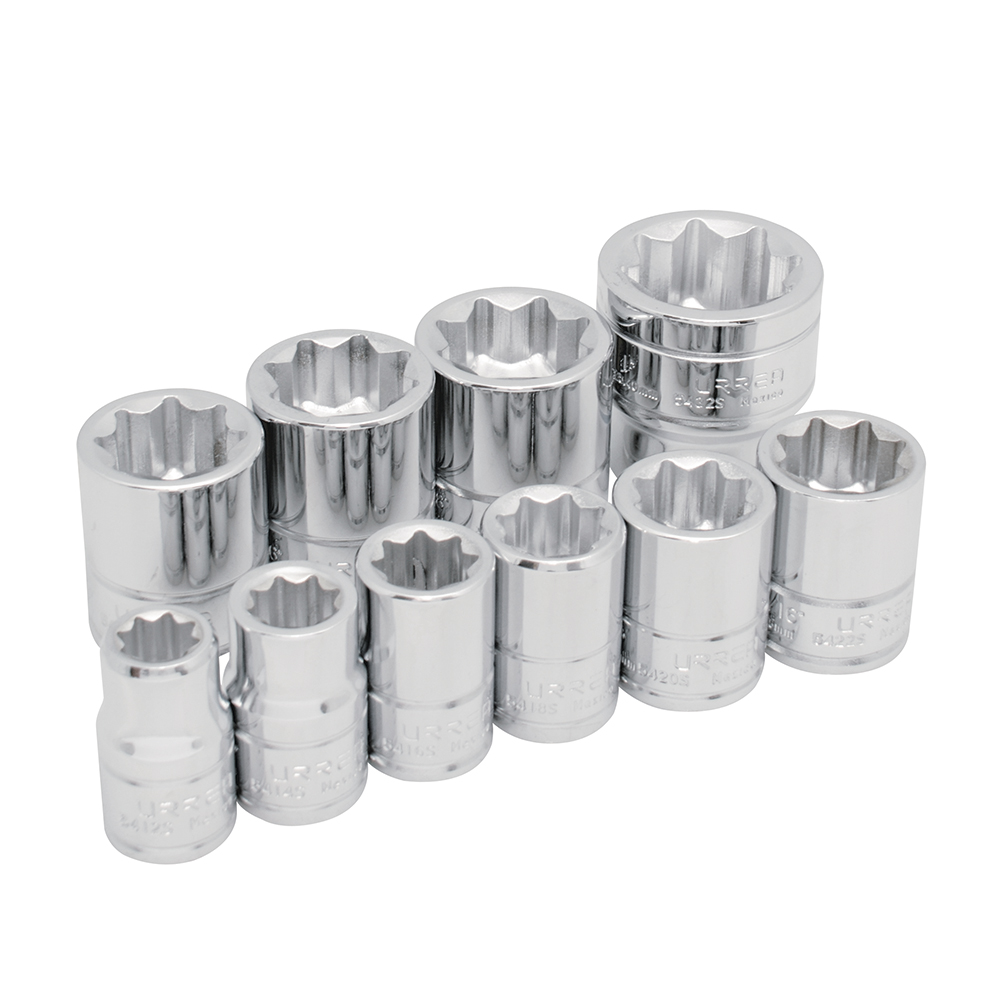 Juego de 10 dados en pulgadas cuadro de 1/2", 8 puntas, en riel, Urrea