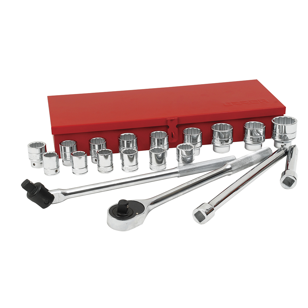 Juego de dados y accesorios cuadro de 3/4" métrico, 20 piezas, Urrea