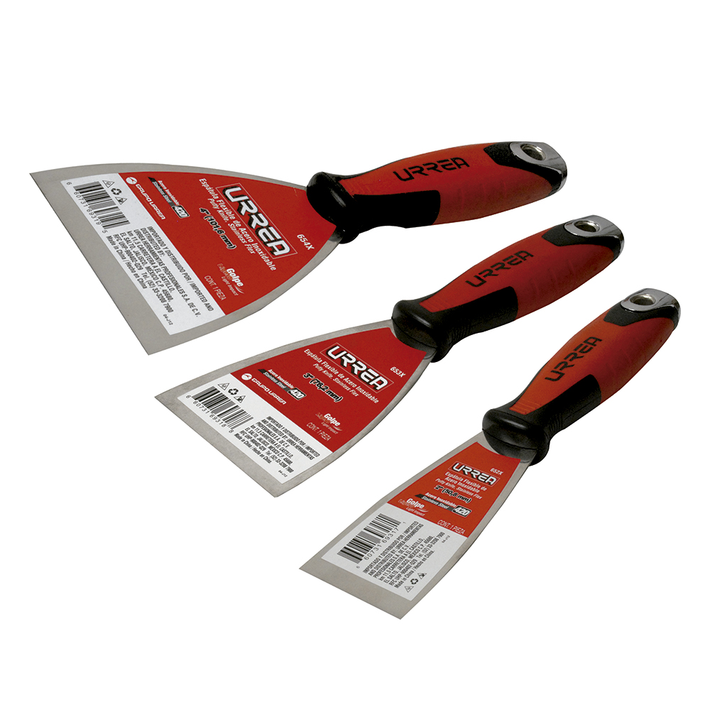 Juego de espátulas flexibles de acero inoxidable con mango bimaterial, 3 piezas, Urrea