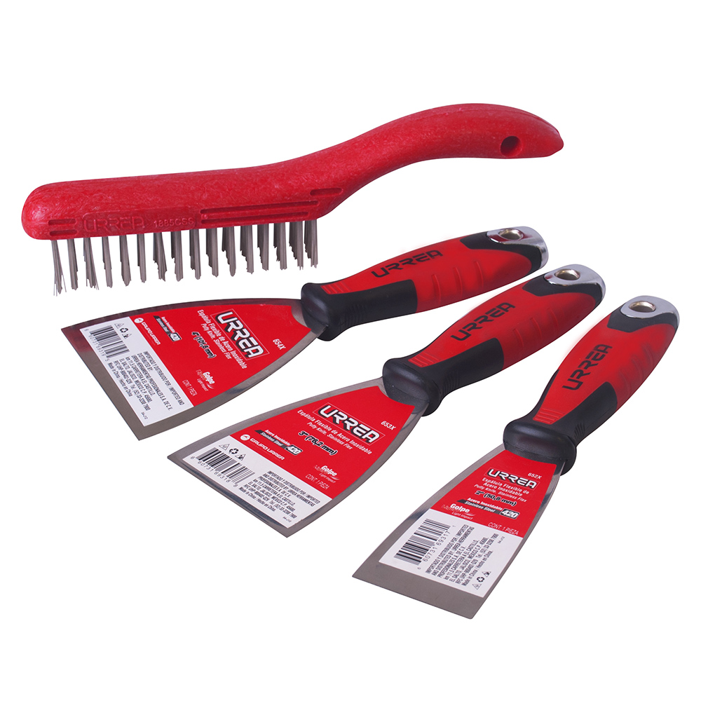 Juego de espátulas flexibles de acero inoxidable con mango bimaterial y cepillo, 4 piezas, Urrea