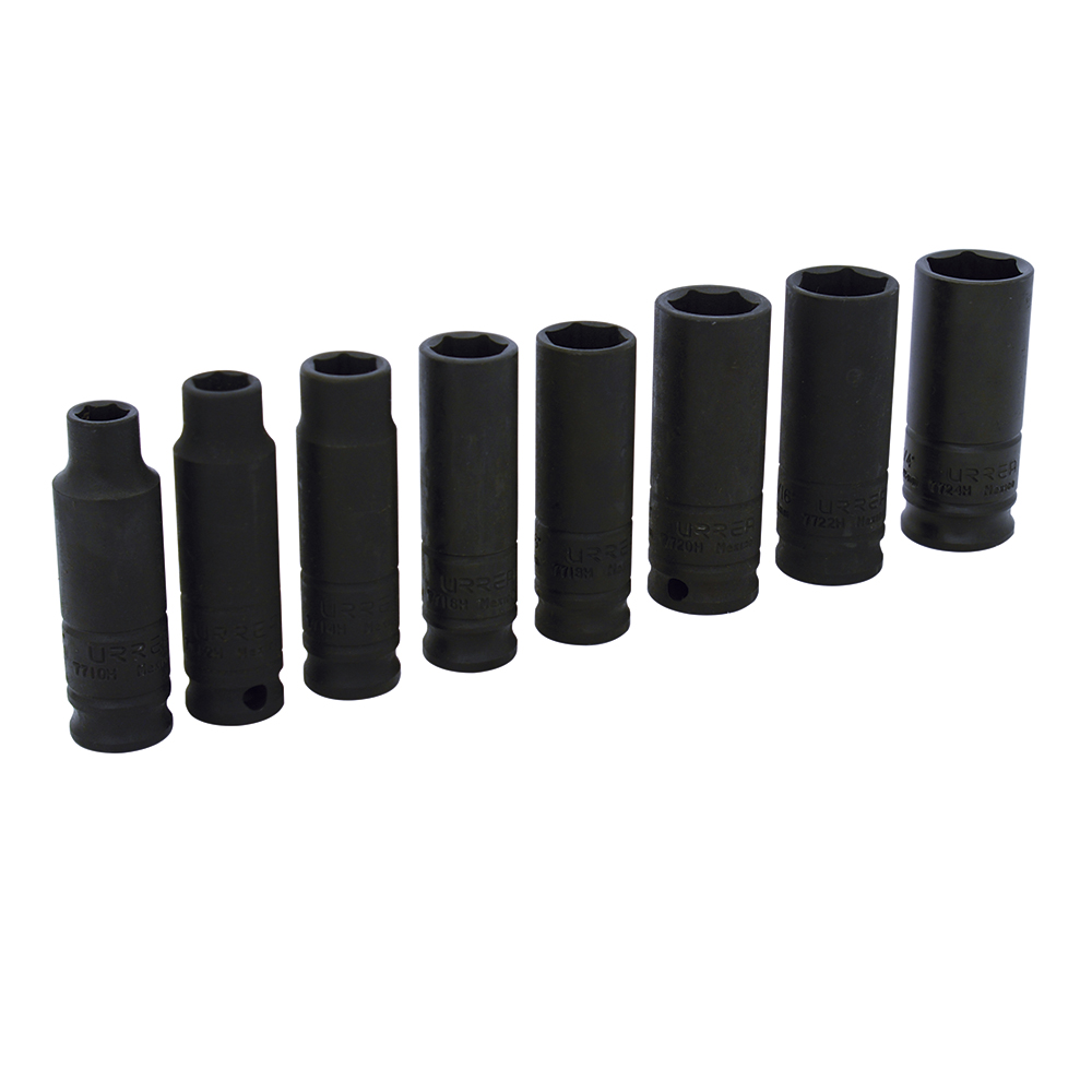 Juego de 8 dados de impacto largos en pulgadas cuadro de 3/8", 6 puntas en rack, Urrea