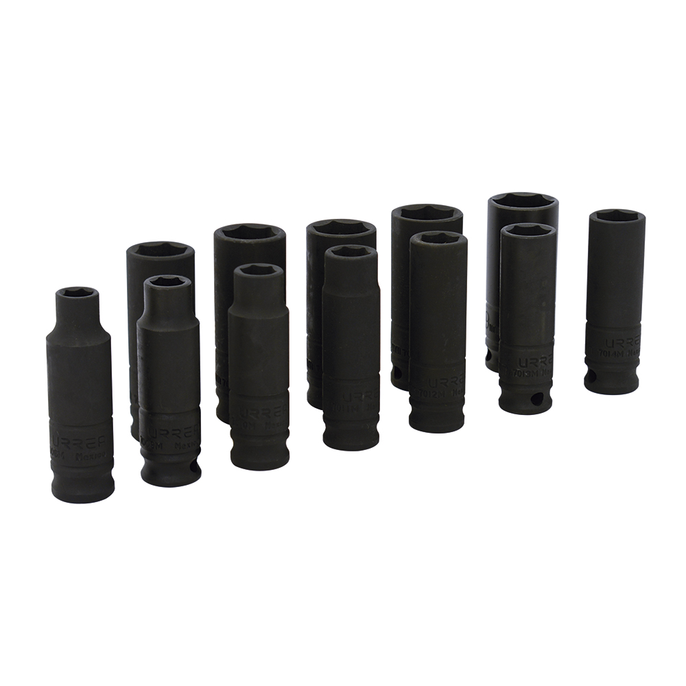 Juego de 11 dados largos de impacto métricos cuadro de 3/8", 6 puntas en rack, Urrea