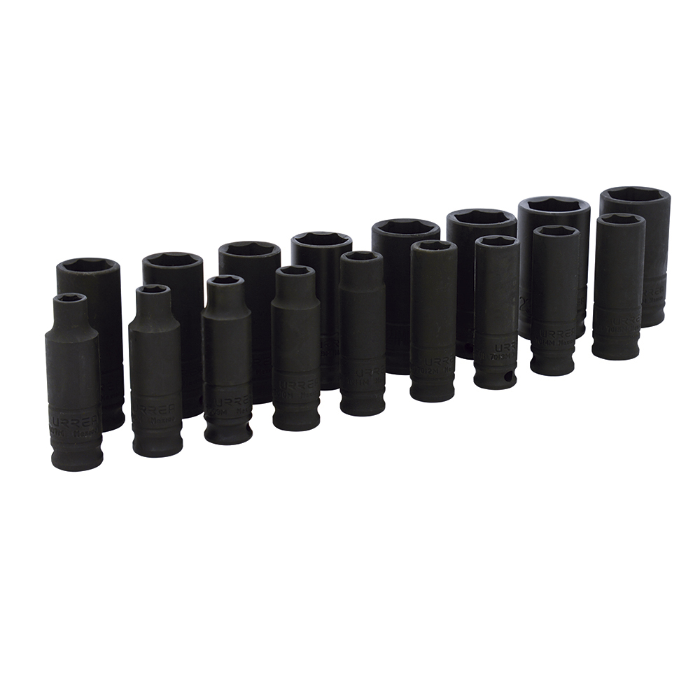 Juego de 17 dados largos de impacto métricos cuadro de 3/8", 12 puntas, Urrea