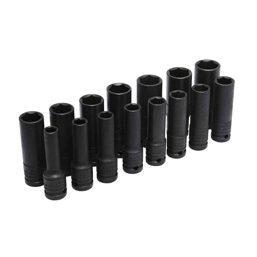 Juego de 15 dados largos de impacto pared delgada métricos cuadro de 1/2", 6 puntas, Urrea