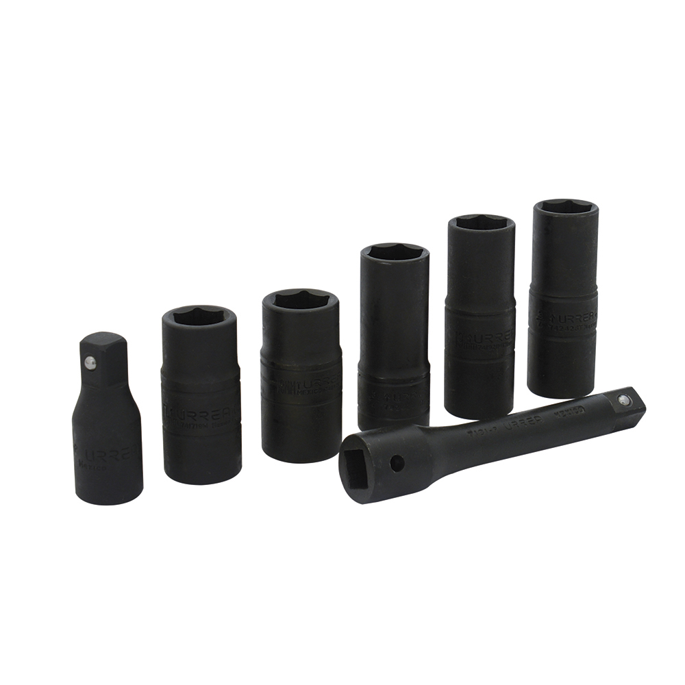 Juego de 7 dados de impacto doble boca cuadro de 1/2" combinados, 6 puntas, Urrea