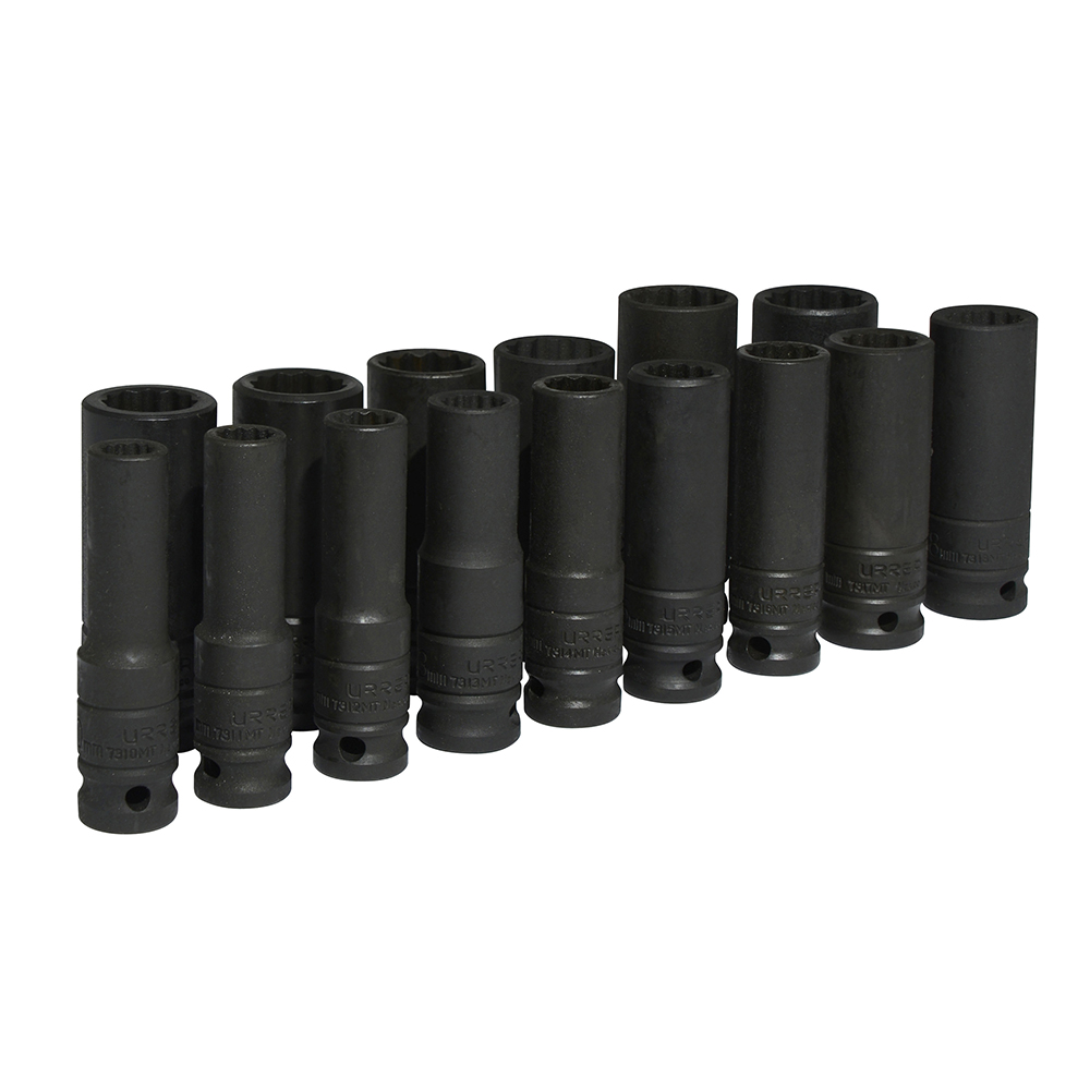 Juego de 15 dados largos de impacto métricos cuadro de 1/2", 12 puntas, Urrea