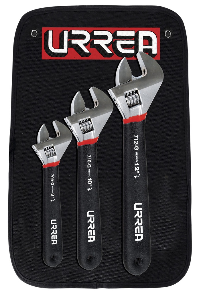 Juego de llaves ajustables cromadas con mango Rubber grip, 3 piezas, Urrea
