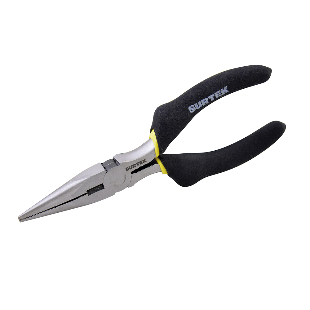 Pinza con mango rubber grip para electricista de 6", punta larga, Surtek