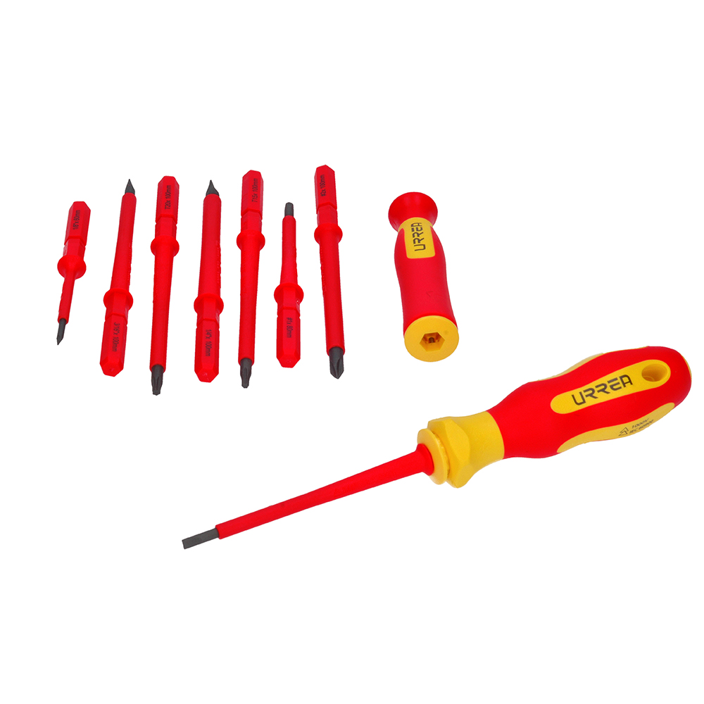 Juego de destornilladores con mango bimaterial y puntas intercambiables 1000 V, 10 piezas, Urrea