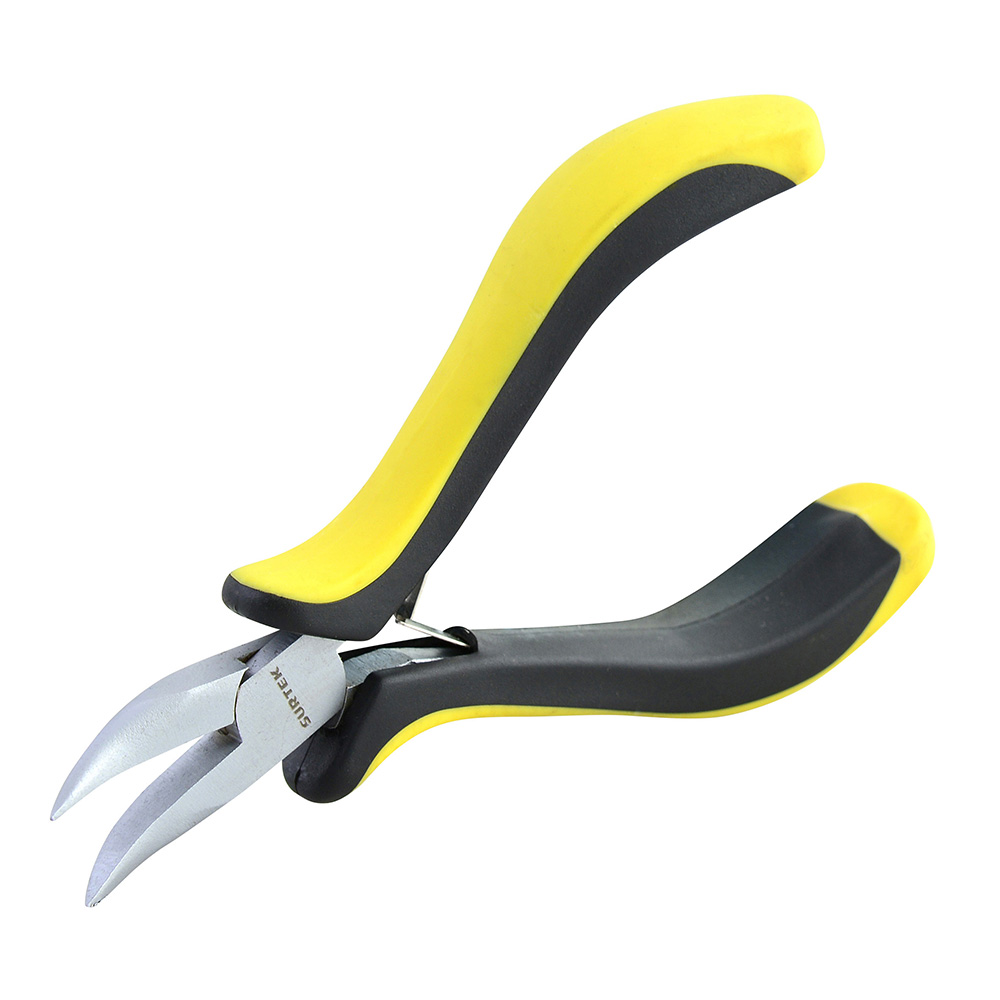 Mini pinza con mango bimaterial para electrónica de 4-3/4", punta curva, Surtek
