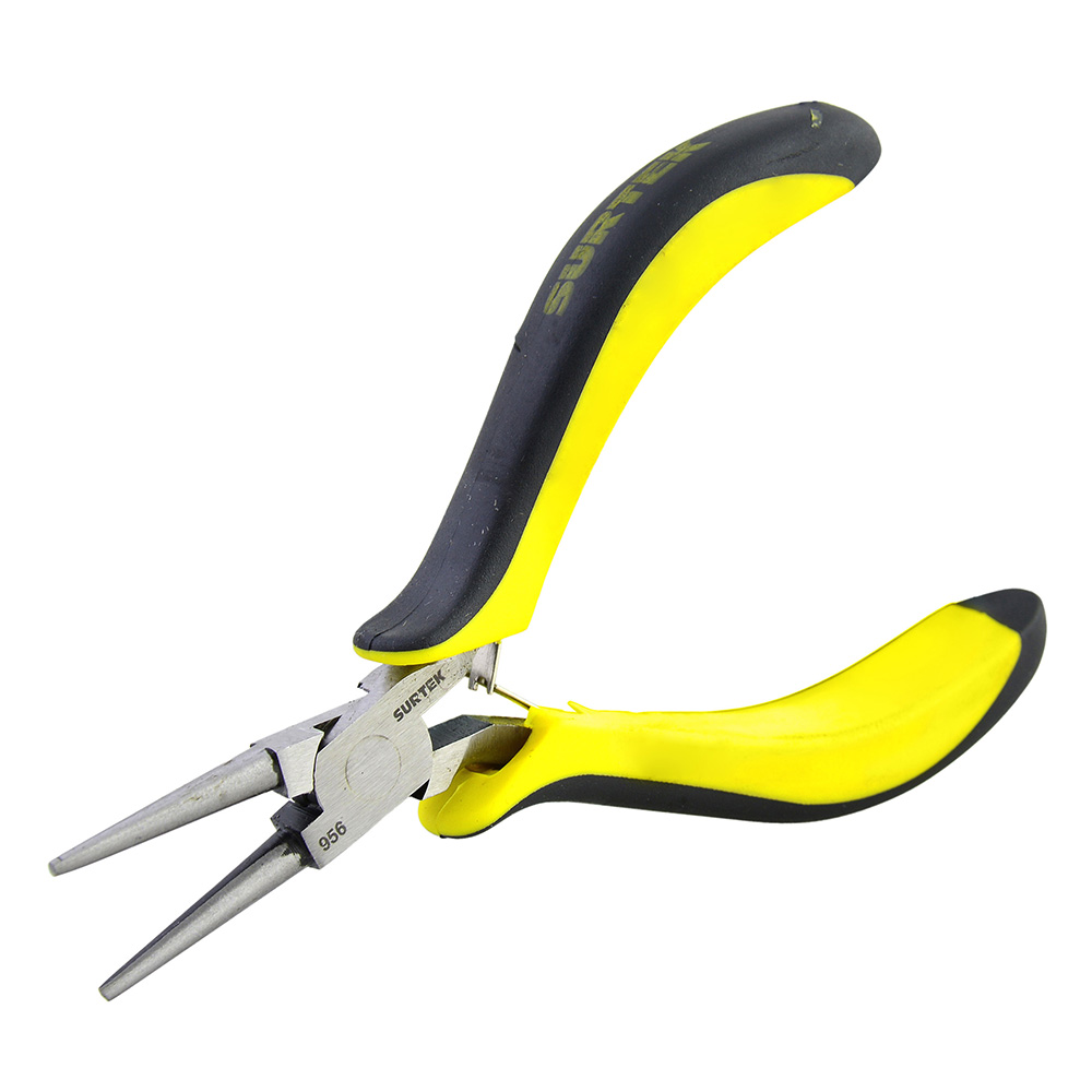 Mini pinza con mango bimaterial para electrónica de 4-3/4", punta redonda, Surtek