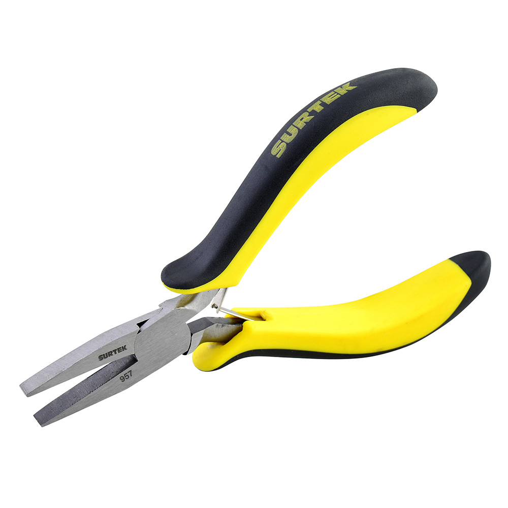 Mini pinza con mango bimaterial para electrónica de 4-3/4", punta plana, Surtek